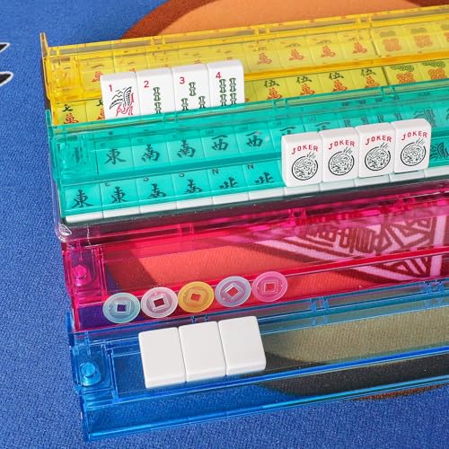 American Mahjong Game Set, 166 White Tiles, 4 All-in-One Color Rack/Pushers, Complete Mahjong Set with Pink Printed Carrying Bag - color: Pink