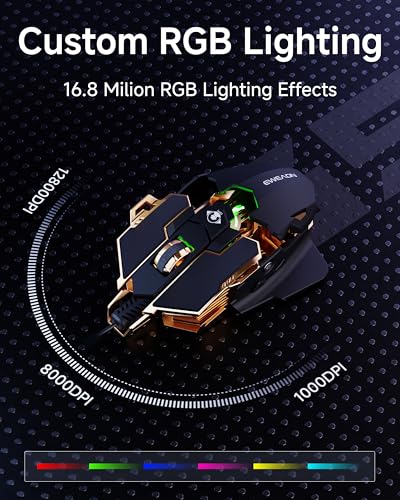 EWEADN G5 Wired Gaming Mouse with Adjustable Tail, 12800 DPI Programmable Computer Mouse with RGB Backlit, 9 Macro Buttons, Rapid Fire Key & Aluminum Base Ergonomic PC Mice for Laptop, PC-Black&Gold - color: Black&Gold