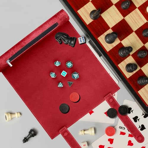 SIQUK 2 Pieces Magnetic Dice Mat Tray Rolling Mat with Zipper PU Leather Folding Scroll Dice Holder for D&D RPG Games (Red, Black) - color: Red, Black