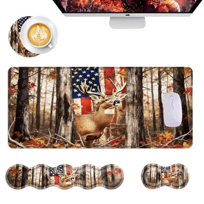 Mouse Pad,Large Desk Mat Set, 4in1 XL Mousepad + Keyboard Wrist Rest+Mouse Wrist Rest+Coaster with Ergonomic Desk Pad for Home Office Table Computer Cover -American Flag and Deer - color: American Flag and Deer