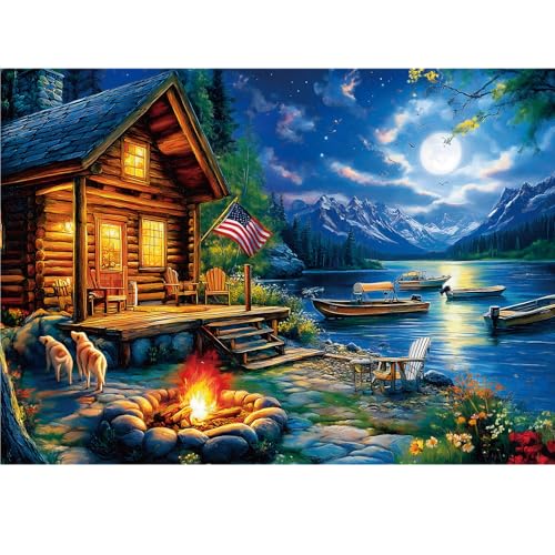 1000 Piece Puzzle for Adults, 20 x 27 inches Jigsaw Puzzles - Moonlit | Tight Piece Fit, 1:1 Reference Poster, Lettered Back, Minimal Puzzle Dust, Vibrant Colors, 2mm Extra-Thick Pieces - color: 1000 Pieces-moonlit Lake Cabin