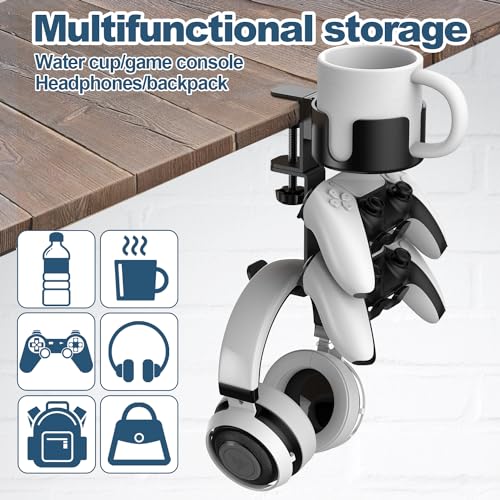 4 in 1 Desk Cup Holder with Headphone Hanger and Controller Stand Gaming Accessories, Universal Adjustable & Rotating Upgraded Arm Clamp for Coffee Mugs, Water Bottles, Headphones, Controller.