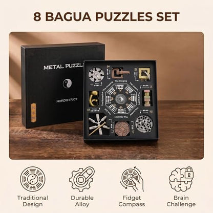 Bagua Metal Puzzles Set with Feng Shui Compass, 8+1 Alloy Brain Teasers, Traditional Chinese Intellectual Puzzle Toys for Adults, Stress Relief Fidget Desk Toy & Gift for Puzzle Lovers - color: Bagua