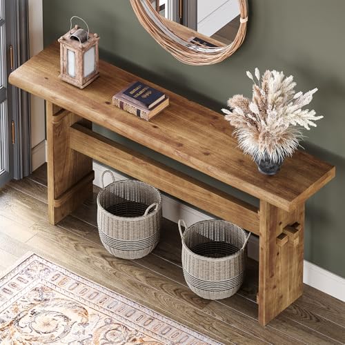 TRIBEWOOD 63-Inch Solid Wood Console Table for Entryway, Narrow Long Farmhouse Sofa Table Behind Couch, for Foyer, Hallway, Living Room, Easy Asswmbly, Brown - color: Brown