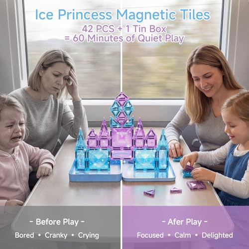 burgkidz Magnetic Travel Tiles for Kids 3-8: 42PCS Large & Small Ice Blue Purple Glitter Blocks – 2-in-1 Storage & Base – 90+ Min Quiet Play, 300+ Builds, 30s Cleanup – Car & Plane Toys for Girls - color: Blue