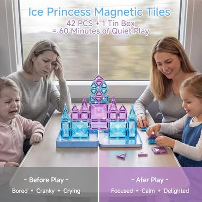 burgkidz Magnetic Travel Tiles for Kids 3-8: 42PCS Large & Small Ice Blue Purple Glitter Blocks – 2-in-1 Storage & Base – 90+ Min Quiet Play, 300+ Builds, 30s Cleanup – Car & Plane Toys for Girls - color: Blue