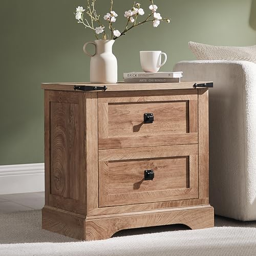 T4TREAM 24" Farmhouse Nightstand with Charging Station, Light Knotty Oak | End Table, 2 Large Storage Drawers, Rustic Wood Sofa Bedside Table, Bedroom, Living Room - color: Light Knotty Oak, size: 24"W*15.75"D*24"H