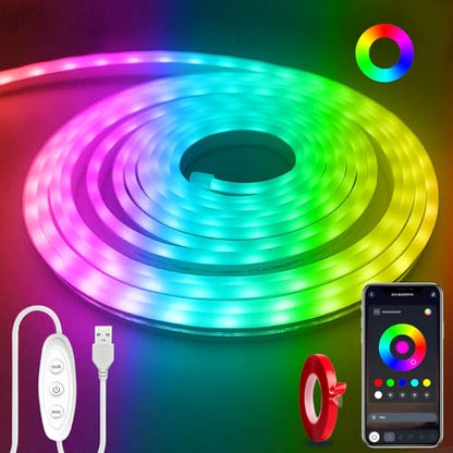 5V Neon Rope Lights 16.4ft，Neon Strip Lights with App Control | USB Powered Music Sync Flexible DIY Design,RGB LED Strip Lights for Bedroom, Living Room， Party (with Adhesive Backing) - size: 16.4FT