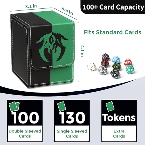 Card Deck Box with 2 Dividers, MTG Commander Deck Box Holds 100+ Double-Sleeved Cards, Leather Magnetic Deck Case Compatible with Magic TCG CCG Cards, Black/Green - color: 1. Black & Green, size: 100 Double-sleeved Cards Vertical