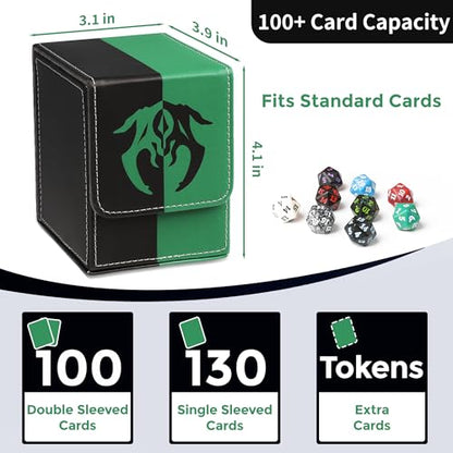 Card Deck Box with 2 Dividers, MTG Commander Deck Box Holds 100+ Double-Sleeved Cards, Leather Magnetic Deck Case Compatible with Magic TCG CCG Cards, Black/Green - color: 1. Black & Green, size: 100 Double-sleeved Cards Vertical
