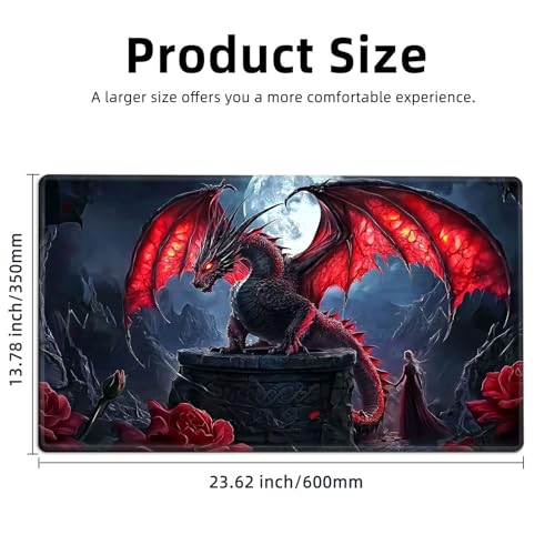 for MTG Playmat TCG Card Game Mat with Stitched Edges,Board Game Mats Non-Slip Waterproof Rubber Base 24 x 14 inch for CCG RPG DTCG Trading Card,Red Dragon Moon - color: Red Dragon Moon