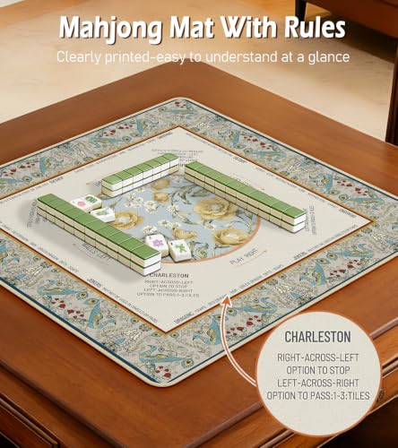 Travel Mahjong Mat Table with Rules Mah Jong Mat Neoprene Chinoiserie Floral Majong Learning Mat Instructions Mahjong Gifts Women Unique Non-Slip Rubber Pad, 21" x 21", Peacock - color: Peacock, size: 21" x 21"