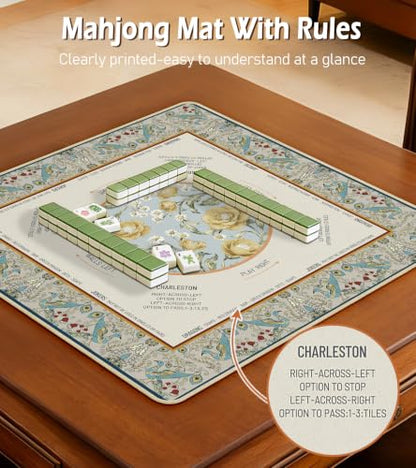 Travel Mahjong Mat Table with Rules Mah Jong Mat Neoprene Chinoiserie Floral Majong Learning Mat Instructions Mahjong Gifts Women Unique Non-Slip Rubber Pad, 21" x 21", Peacock - color: Peacock, size: 21" x 21"
