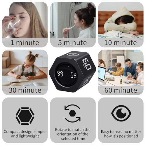 Productivity Timer Flip Gravity Sensor Cube Timer Countdown & Countup,Mute & Vibrate & Sound，5/10/30/60min & Custom Timing, Perfect for ADHD,Work,Learning,Kitchen Cooking (2, White +Black Hexagon) - color: White+black Hexagon