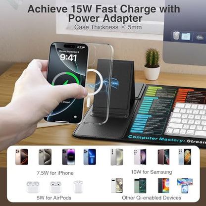 Wireless Charging Mouse Pad with Foldable Phone Holder, 31.5"x15.8" in | XXL Excel Cheat Sheet Desk Mat for Laptop/Keyboard, Waterproof Ultra-Smooth Surface, Non-Slip Base - color: Black Excel-Phone Holder-31.5"x15.8"