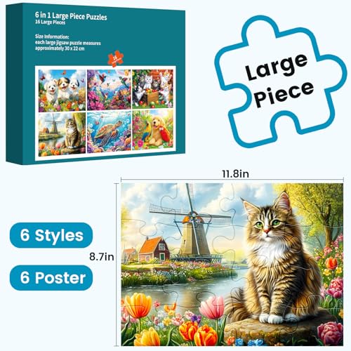 6 Packs 16 Large Piece Puzzle for Seniors Puzzle Dementia Alzheimer's Products Activities for Seniors Elderly Adult Dog Cat Turtle Easy Jigsaw Puzzle Alzheimers Memory Games with 6 Storage Bags - style: 16 Large Pieces