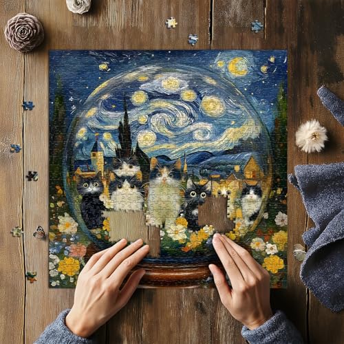 Cat Puzzles for Adults 1000 Pieces, Impossible Kitty Crystal Ball Flowers Jigsaw Puzzles, Van Gogh Starry Night Puzzle, Beautiful Kitten Floral Oil Painting Home Decor - style: Cats Crystal Ball puzzle