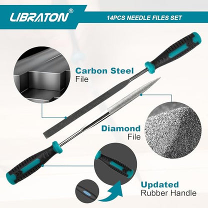 LIBRATON Needle File Set, Diamond Needle File Set, 14PCS Small File Set | 6 Diamond Files & 6 Carbon Steel Files with Wire Cutter, Steel Brush, Carry Bag, Jeweler File Tools for Soft Metal,Wood,Model - style: Needle File-14PCS