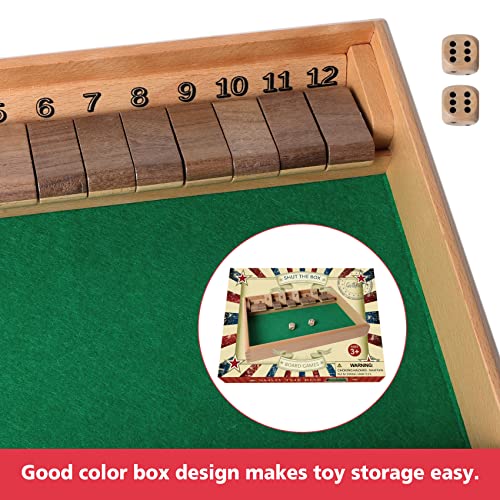 GOTHINK Shut The Box - Table Math Game with 12 Inch Wooden Board for Adults & Kids - 12 Spots Dice Game with 2+ Player Games, Includes 2 Dice, Ideal for Game Night, Travel, Classroom - (Ages 6+) - color: Brown - 12 Spots