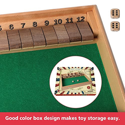 GOTHINK Shut The Box - Table Math Game with 12 Inch Wooden Board for Adults & Kids - 12 Spots Dice Game with 2+ Player Games, Includes 2 Dice, Ideal for Game Night, Travel, Classroom - (Ages 6+) - color: Brown - 12 Spots