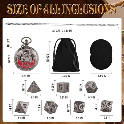 Kabinka D&D Dice Set with Pocket Watch Shell, 7Pcs Polyhedral Dice Set, DND Dice with Necklace Perfect for Dungeons and Dragons Dice, RPG, Role Playing Dice Accessory (DM, Ancient Silver) - color: Ancient Silver, style: DM