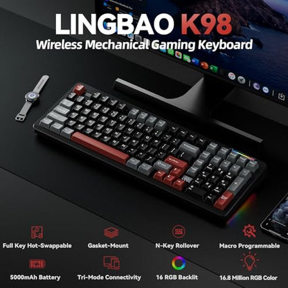 LINGBAO K98 Wireless Mechanical Gaming Keyboard, Tri-Mode BT5.0/2.4GHz/USB-C, Gasket Custom Hot-Swappable Linear Switches Creamy Keyboard with Number Pad, RGB Backlit Gaming Keyboard for PC Laptop - color: K98 | 5000mAh | Black