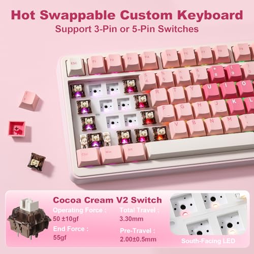 YUNZII B75 PRO MAX QMK/VIA Wireless Mechanical Keyboard | 75% Layout with Screen and Knob, Custom Hot Swap, Gasket, Creamy Switches, for Win/Mac (Pink Heart, Cocoa Cream V2 Switch) - color: Pink Heart, size: Cocoa Cream V2 Switch
