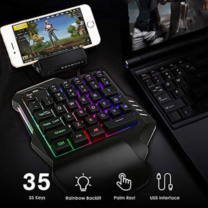 One-Handed Gaming Keyboard, Wired Mini 35 Keys Single Hand with Rainbow Fixed Backlit, Portable Gamer Keyboard with Ergonomic Design of Wrist Rest, Macro Recording Function, for PC Computer