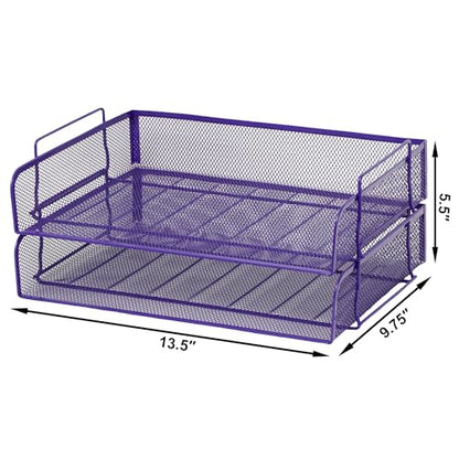 EASEPRES 2 Pack Stackable Desk Paper Tray, Metal Mesh Desktop Document Letter File Organizer for Office Home School, 13.5'' L x 9.75'' W x 5.5'' H, Purple - color: 2 Pack Purple