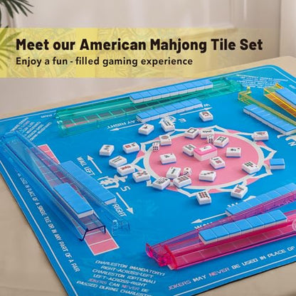 American Mahjong Tile Set with Yellow Printed Carrying Bag, 166 Blue Tiles, 4 All-in-One Color Racks/Pushers, Mah Jongg Sets, Mahjong Game Set for Travel, Christmas, Birthday Gifts - color: Yellow（blue Tiles）