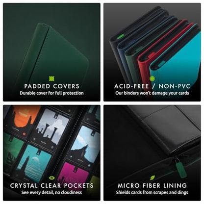 Vault X 12 Pocket XL Zip Trading Card Binder 624 Cards Exo-Tec (Green) | Holds 624 standard-size TCG cards in 26 side-loading 12-pocket pages. Padded, water-resistant Exo-Tec cover. - color: Green, size: 12 Pocket XL