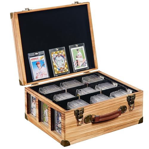Poyilooo Classic Brown Wooden Graded Card Storage Box with Display Window, Holds 140+ Cards, 14.2 x 11.3 x 6.5 inches, Sports Card Case - color: Brown