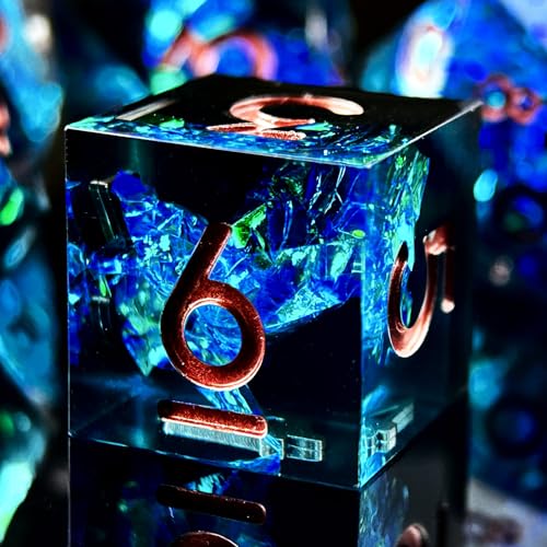HAOMEJA 7pcs Sharp Edge Resin Dice Set, Handmade Polyhedral Dice with Glitter & Galaxy Effect Apply to DND, D&D, RPG, MTG Tabletop Games, Role Playing Game, Easter, Halloween Party Gift (Black & Blue) - color: T Black & Blue
