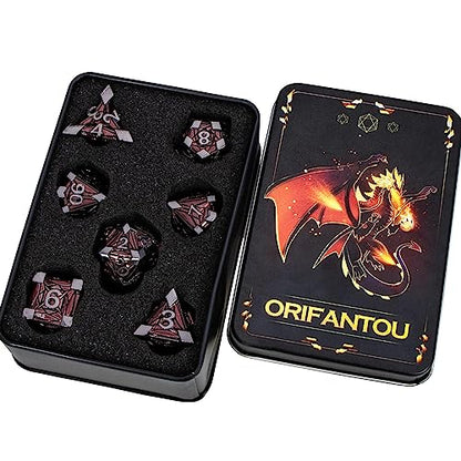 7PCS Metal DND Dice Set with Box, Debris RPG Red D and D Dice for use with D&D Tabletop Games Role Playing Game Polyhedral Dice Set D20 D12 D10 D8 D6 D4 - color: Black Red