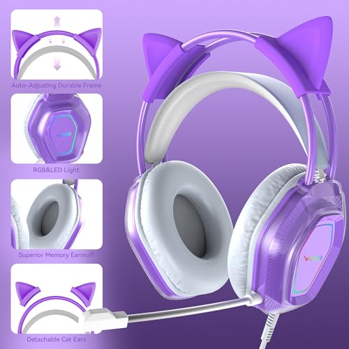 Wantek Cute Cat-Ear Gaming Headset - 50mm Drivers, Noise-Cancelling Mic, 3.5mm Wired Stylish & Lightweight Design (Purple) - color: Purple