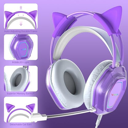 Wantek Cute Cat-Ear Gaming Headset - 50mm Drivers, Noise-Cancelling Mic, 3.5mm Wired Stylish & Lightweight Design (Purple) - color: Purple