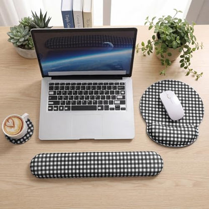 Tellegloww Wrist Rest Support for Mouse Pad&Keyboard Set, Black and White Gingham Checkered Circle Curved Ergonomic Mousepad&Coaster Non-Slip Base for Office Home Laptop Desktop Computer Keyboard - color: Black and White