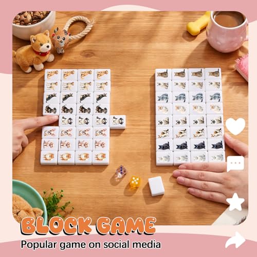 Hollowfly 2 Player Mahjong Block Set with Storage Bags 65 Tiles 30 mm Mahjong Push Tile Game with Animals Pattern No DIY Required for Friend Family Game Night Party Gift - style: Dog and Cat