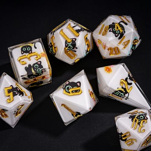 Cusdie 7-Piece Sharp Edges DND Dice Set - Cute Black Cat Stickers Inside - Perfect for Tabletop RPGs and Board Games - color: Black Cat Sticker