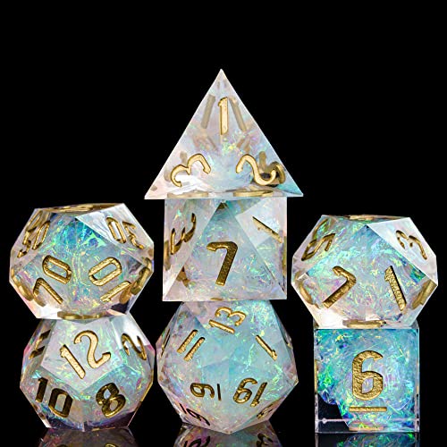 Cusdie Sharp Edges DND Dice, 7 PCs D&D Dice, Handcrafted Polyhedral Dice Set, for Dungeons and Dragon Role Playing Game(Transparent w/White Sparkle) - color: Transparent W/White Sparkle