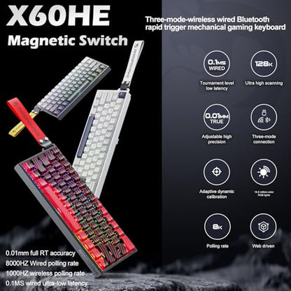 ATTACK SHARK MAMBASNAKE X60 HE Wireless 8K Mechanical RT Keyboard-Moonlight | Tri Mode-2.4Ghz/BT/Wired,Hall Effect Magnetic Switch,RGB Backlight,0.01mm Accuracy,4000 mAh battery,Web Driver for PC Win Mac - color: Moonlight, size: Keyboard