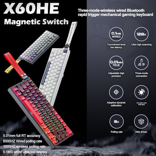 ATTACK SHARK MAMBASNAKE X60 HE Wireless 8K Mechanical RT Keyboard-Black Red | Tri Mode-2.4Ghz/BT/Wired,Hall Effect Magnetic Switch,RGB Backlight,0.01mm Accuracy,4000 mAh battery,Web Driver for PC Win Mac - color: Black Red, size: Keyboard