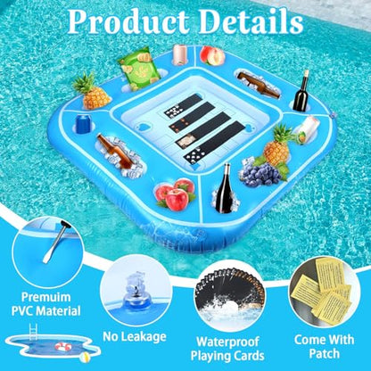 40inch Large Floating Games Table for Pool with Waterproof Playing Cards Inflatable Card Table Tray Food Pool Float Drinks Holder Containers Floating Swimming Game for Adult Beach Summer Party Hot Tub