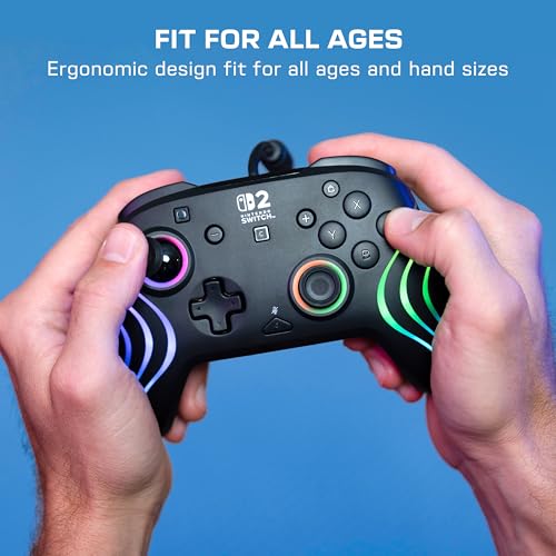 Turtle Beach Afterglow Wave Wired RGB Gaming Controller, Nintendo Switch 2 | Switch Lite, OLED, Hall-Effect Thumbsticks, 2 Mappable Back Buttons, Audio Controls, C-Button for GameChat, RGB Lights, Black - color: Black
