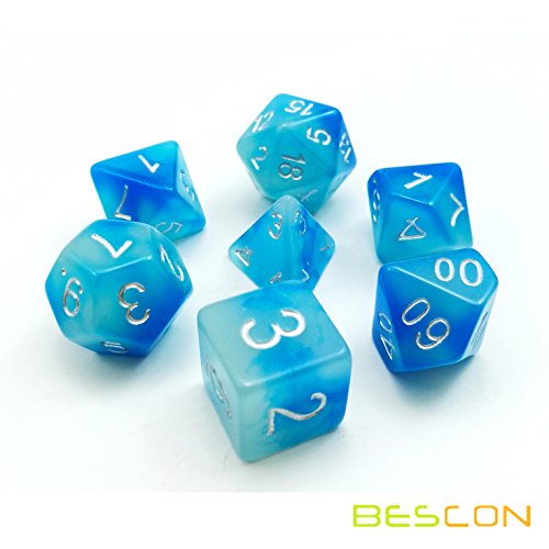 Bescon Gemini Glowing Polyhedral Dice 7pcs Set ICY Rocks, Luminous RPG Dice Set d4 d6 d8 d10 d12 d20 d%, Brick Box Packaging - color: Icy Rocks