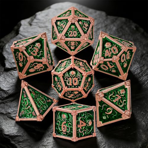 Metal Dice Set, Octopus Pattern, 7pcs Polyhedral Metal DND Dice Set, DND Starter Set, D&D Gifts with Gift Box, Role Playing Board Games Accessories, Red Copper Border Green | DND Polyhedral Dice Set, D&D Gifts, Board Game Accessories, D4, D6, D8, 2 D10 (0