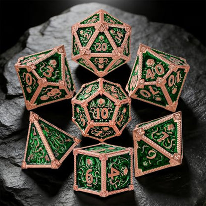 Metal Dice Set, Octopus Pattern, 7pcs Polyhedral Metal DND Dice Set, DND Starter Set, D&D Gifts with Gift Box, Role Playing Board Games Accessories, Red Copper Border Green | DND Polyhedral Dice Set, D&D Gifts, Board Game Accessories, D4, D6, D8, 2 D10 (0