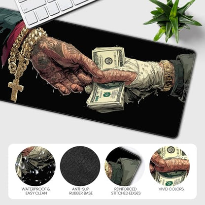 Extended Gaming Mousepad with Cross and Dollar Bill Designs, 35.4 x 15.7 inches, Featuring a Non-Slip Base and Waterproof Surface, Suitable for Home Office and Work environments. - color: With Us Dollar and Cross Design