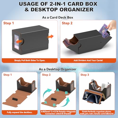 Card Deck Box Magnetic Flip MTG Commander Deck Box 200 TCG Card Storage Box PU Leather Double Deckbox Trading Card Deck Box Card Deck Case with Windows & 4 Dividers, 45° Quick Access &Dual Thumb Notch