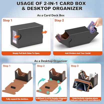 Card Deck Box Magnetic Flip MTG Commander Deck Box 200 TCG Card Storage Box PU Leather Double Deckbox Trading Card Deck Box Card Deck Case with Windows & 4 Dividers, 45° Quick Access &Dual Thumb Notch